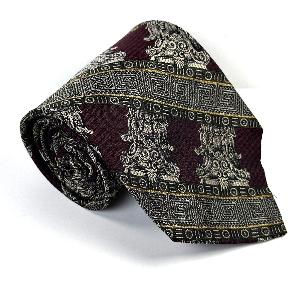 Vintage Robert‎ Talbott Silk Tie Mens Burgundy Greek Key Column 90s Made in USA